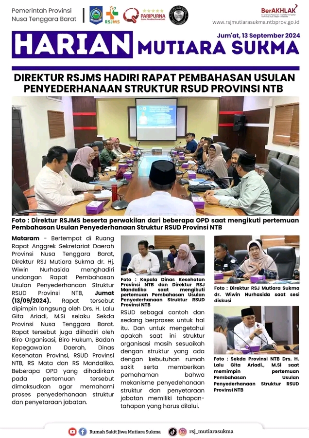DIREKTUR RSJMS HADIRI RAPAT PEMBAHASAN USULAN PENYEDERHANAAN STRUKTUR RSUD PROVINSI NTB